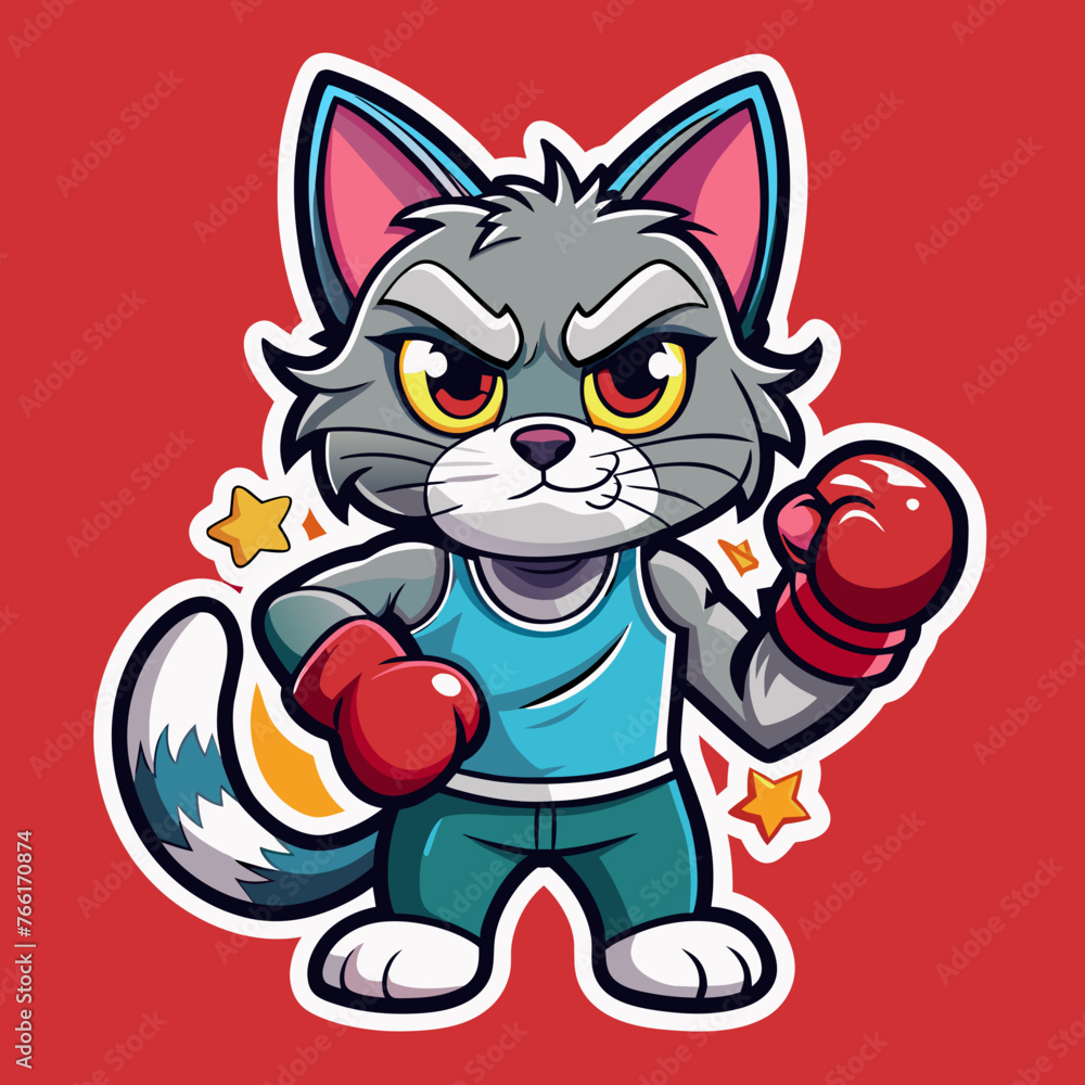 T-shirt sticker of grumpy cat wearing boxing gloves, ready to fight, accompanied by the words Don't mess with the fur ocious