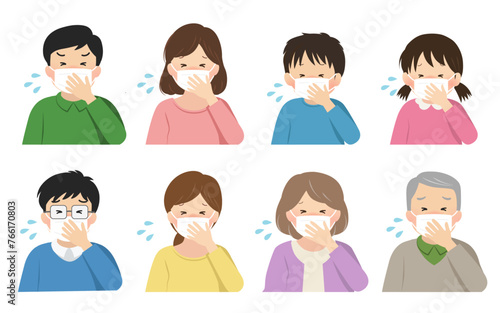 風邪をひいた人物のベクターイラストセット