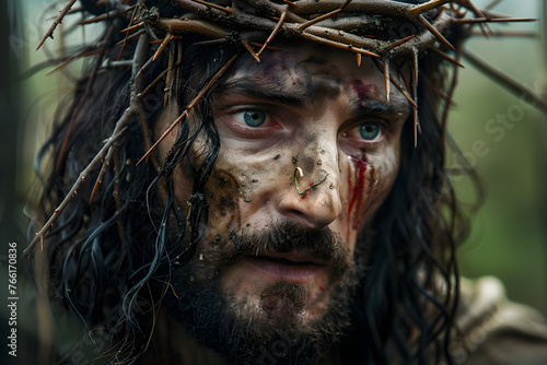 Jesus wearing a crown of thorns, symbolizing the suffering and sacrifice of Christianity. It is often associated with Easter and the crucifixion of Jesus. © NE97