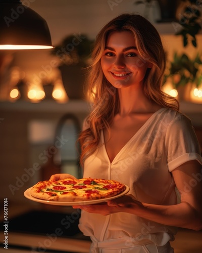 A woman standing while holding a freshly baked pizza on a white plate