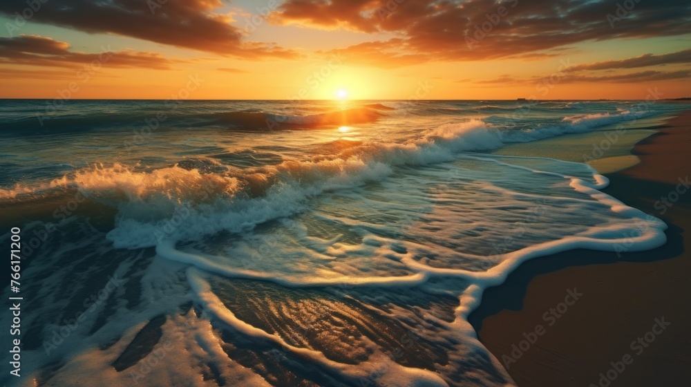 Sunlit waves on the yellow sand of a sunny beach along the North Sea illuminated by the light of a colorful sun and a blue cloudy sky in summer - obrazy, fototapety, plakaty 