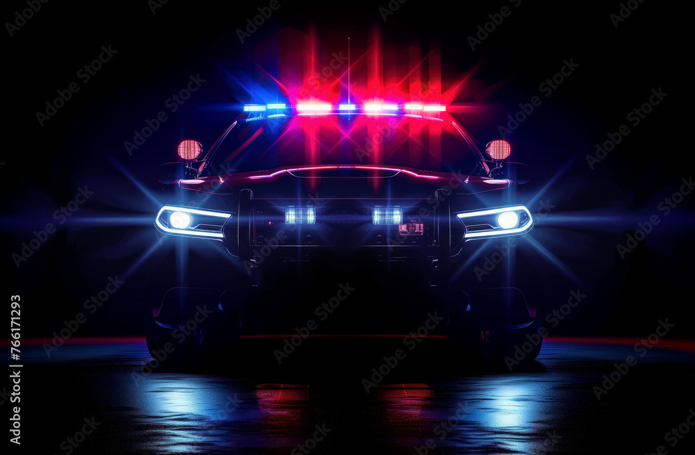 Frontal view of a police vehicle in the night. Blue and red siren lights illuminating darkness
