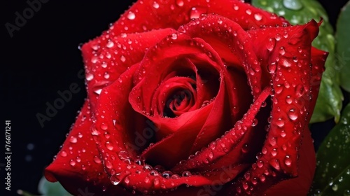 Macro image of dark red rose with water droplets.