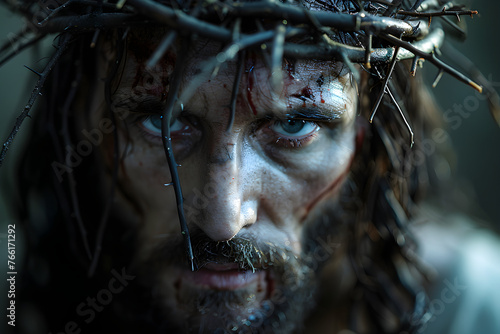 Image of Jesus wearing a crown of thorns, symbolizing his suffering and sacrifice for the salvation of humanity. It portrays a powerful spiritual and religious message.