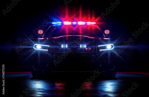 Frontal view of a police vehicle in the night. Blue and red siren lights illuminating darkness photo