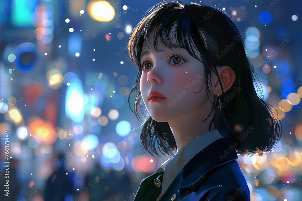 A detailed view of a beautiful girl in a school uniform, her face glowing in the soft light as she watches a city parade A detailed view of a beautiful girl in a school uniform, her face glowing in the soft light as she watches a city parade