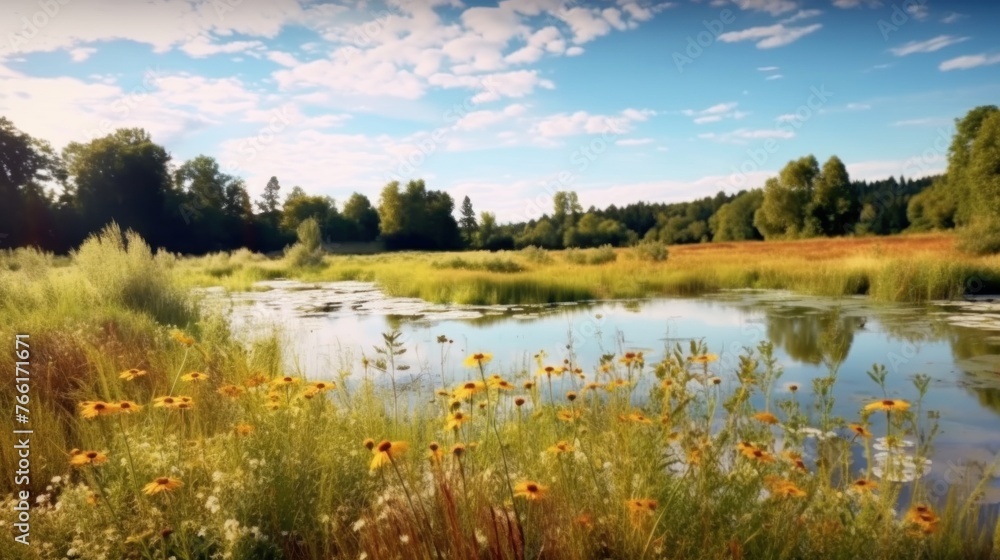 Fototapeta premium landscape with flowers, branches, trees, river and birds against the sky