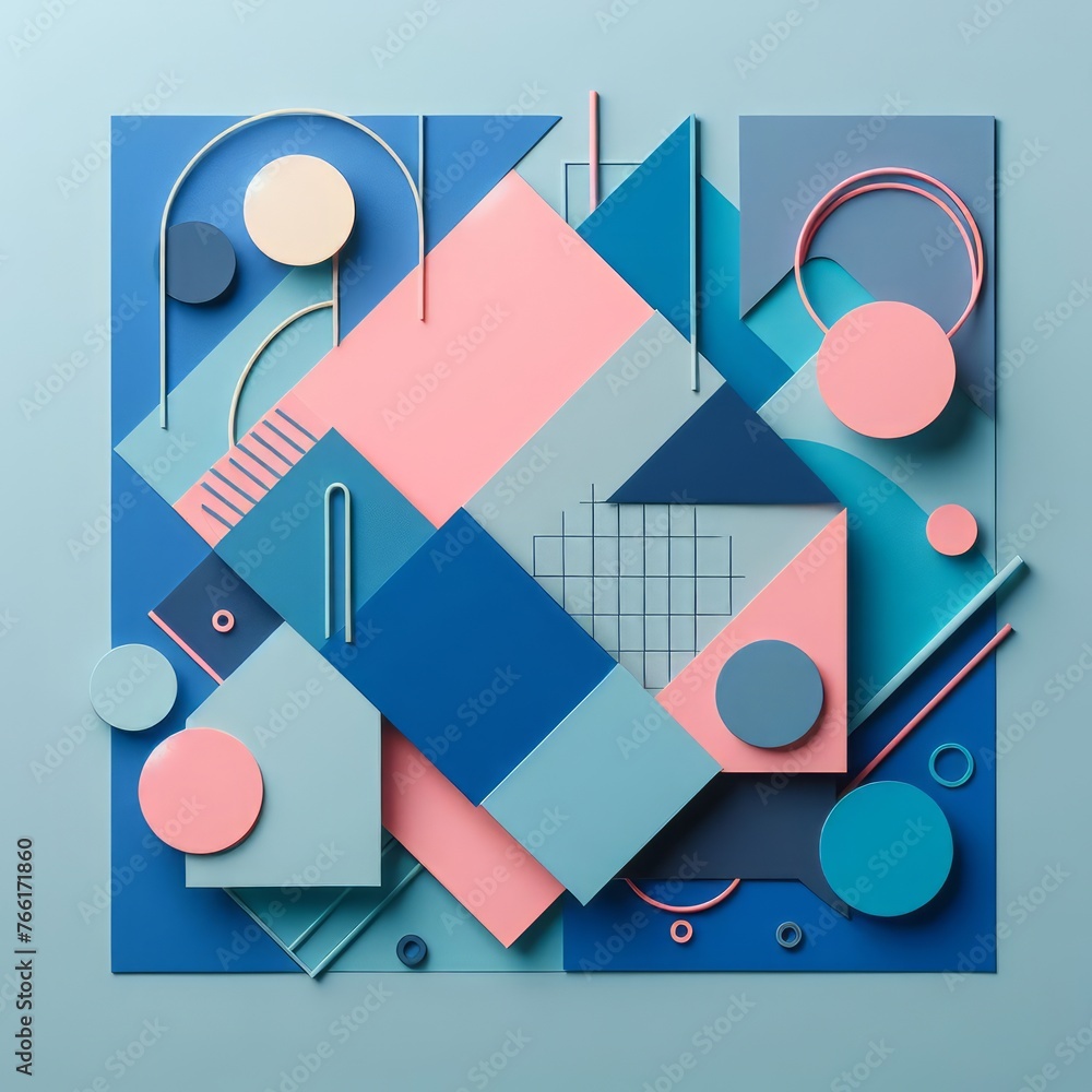 Abstract colored paper texture background. Minimal geometric shapes and lines in blue, and pink.