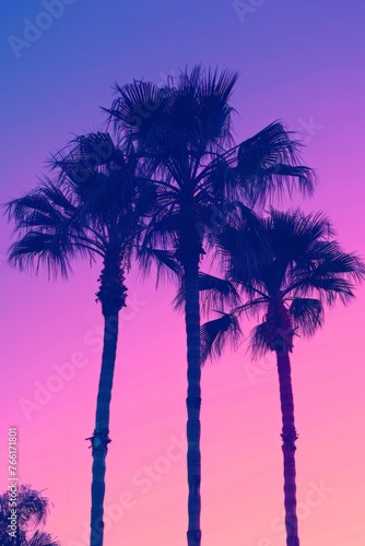 Three tall palm trees stand against a vibrant purple and blue sky  their silhouettes casting long shadows on the ground