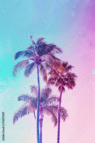 Palm trees stand tall against a colorful background of blue and pink sky