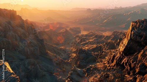 A canyon aglow with the soft light of dawn, casting long shadows across the rocky terrain