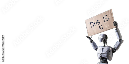 Robot holding a sign that says "This is AI" isolated on transparent background