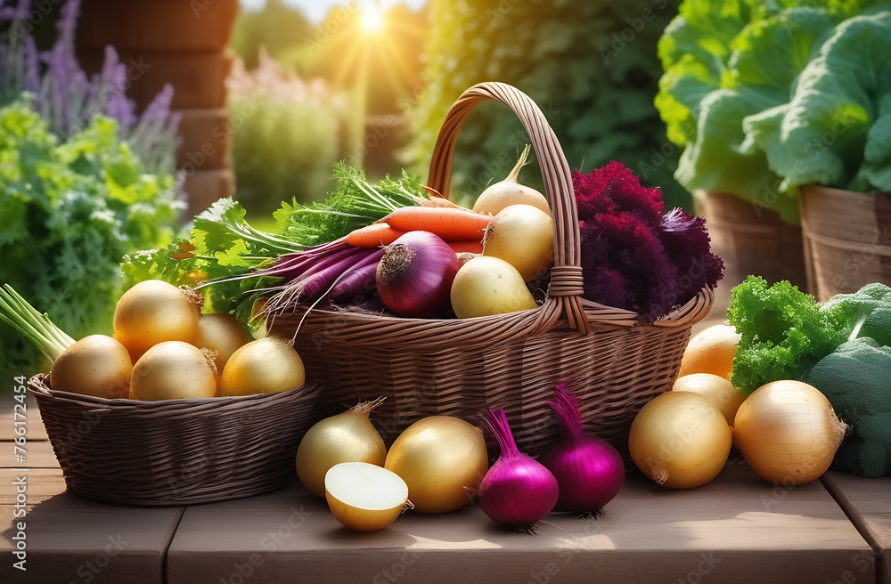 Baskets with ripe onions in close-up and other vegetables in the garden on a sunny summer day. The concept is a good harvest