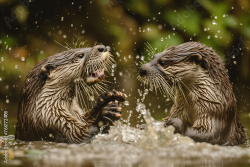 Otters playing and fighting in the water, splashing in the river a pair of adorable animals to mark their territory © Simn