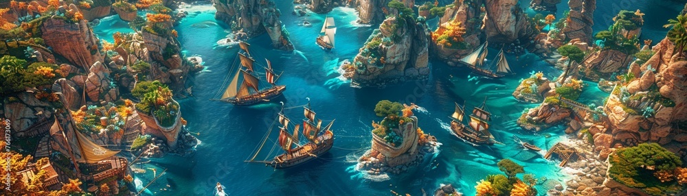 Obraz premium Design a detailed aerial scene of a pirate haven, complete with rugged cliffs, sailboats, hidden caves, and a touch of pirate folklore Make it captivating and full of storytelling potential