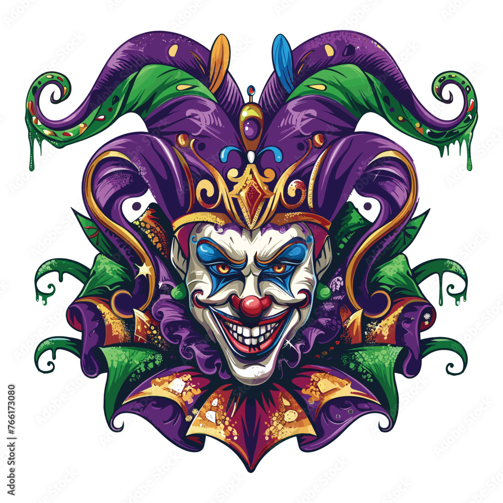 Illustration of a Mardi Gras jester with a mask in vector format.