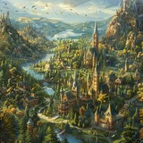 Design a captivating panoramic view of a magical landscape showcasing multiple wizard academies nestled among mystical forests and serene lakes Include unique architecture, flying spellbooks, and stud