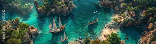 Design a detailed aerial scene of a pirate haven, complete with rugged cliffs, sailboats, hidden caves, and a touch of pirate folklore Make it captivating and full of storytelling potential photo