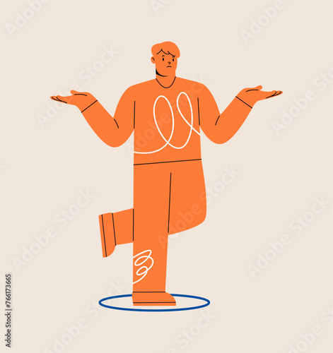 Man standing uncomfortably in circle. Boundary, limitation concept. Colorful vector illustration