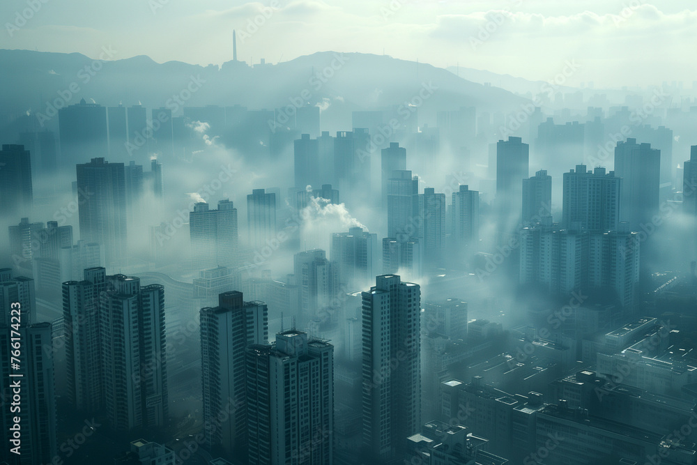 Fototapeta premium Advanced cityscape where technology combats PM 2.5, as streamers document the unseen battle.