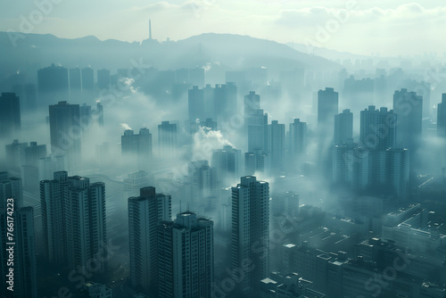 Advanced cityscape where technology combats PM 2.5, as streamers document the unseen battle.