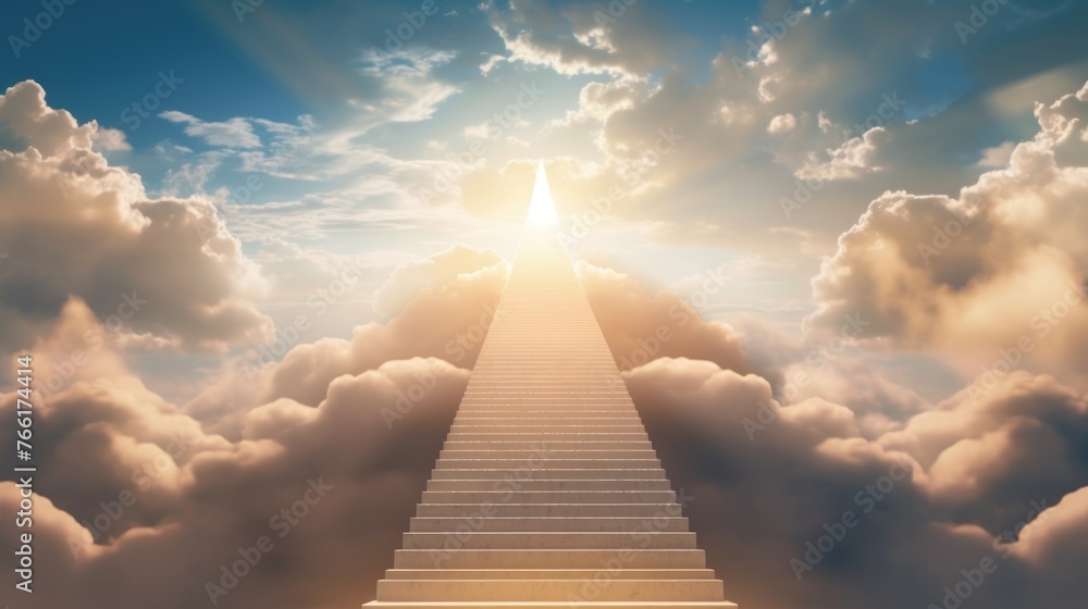 Stairway to heaven in heavenly concept. Religion background. Stairway to paradise in a spiritual concept. - obrazy, fototapety, plakaty 