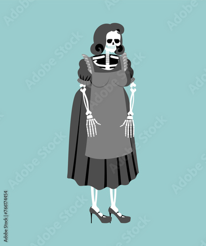 Female skeleton in dress. Bones, skull and women's dress