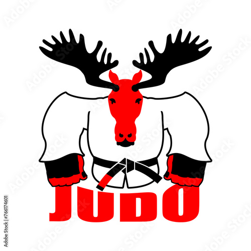 Deer in judo kimono. Karate Elk mascot. Angry sport animal