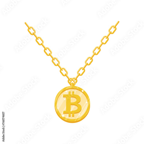 Bitcoin gold pendant. Cryptocurrency made of gold on chain. luxury jewelry symbol