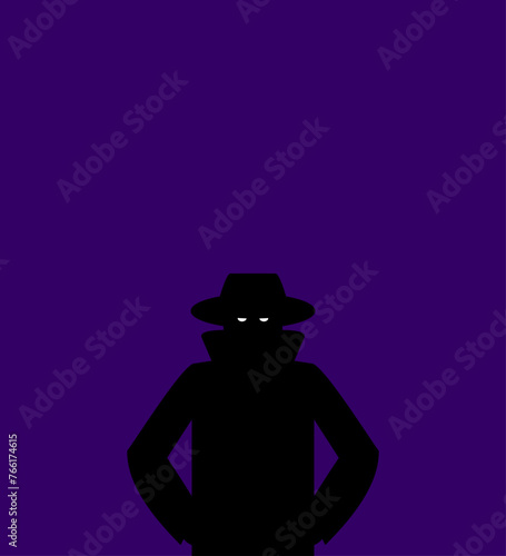 Spy in dark. secret agent in hat at dusk