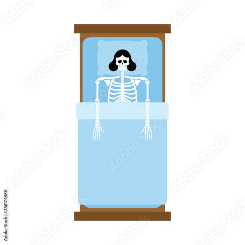 Female Skeleton in bed. skeleton lies in bed under blanket.