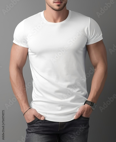 Man in blank white t-shirt on grey background. Mock up