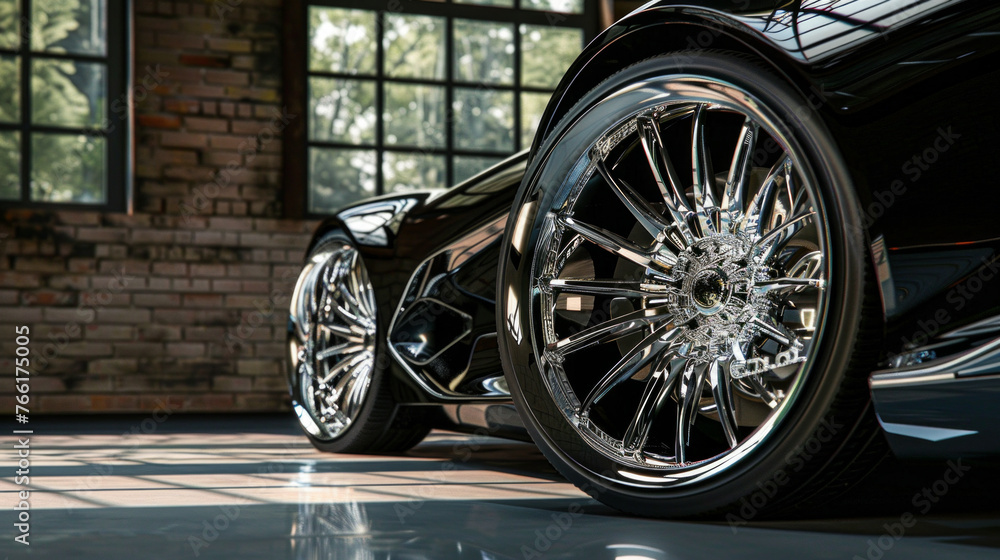 A set of custom-designed alloy wheels, with intricate spoke patterns and a gleaming chrome finish A set of custom-designed alloy wheels, with intricate spoke patterns and a gleaming chrome finish