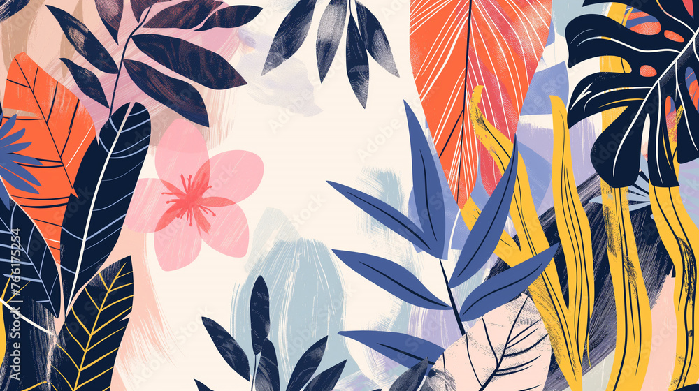 Close-up nature view of palm and monstera and fern leaves background. Lying down, gloomy nature concept, tropical leaves. leaf pattern wallpaper Close-up nature view of palm and monstera and fern leaves background. Lying down, gloomy nature concept, tropical leaves. leaf pattern wallpaper