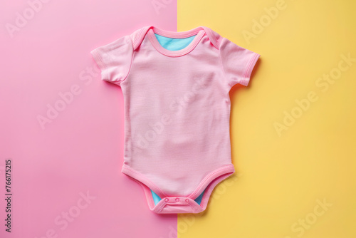A pink baby's onesie is laying on a pink background. Light pink baby bodysuit on pastel background. Top view, space for text. Newborn babies concept. Can be used as a birthday invitation card