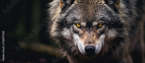 Closeup of a wolfs face showing its fur, whiskers, and yellow eyes, a carnivorous terrestrial animal of the dog breed with a powerful snout photo