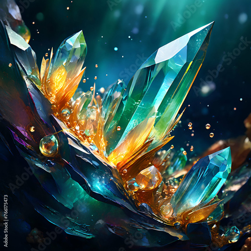Abstract background of greenish crystal objects close up 