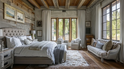 Rustic bedroom. Beautiful country bedroom with large windows © VISUAL BACKGROUND