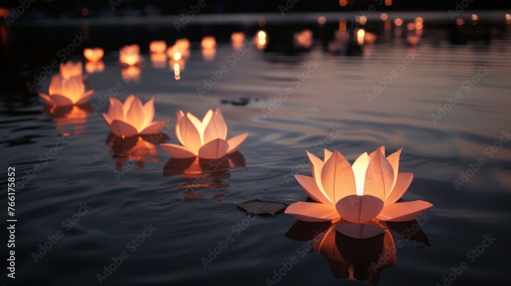 Serene dusk setting as floating lotus lanterns illuminate a peaceful pond, their light a symbol of hope and renewal during the Vesak celebration.