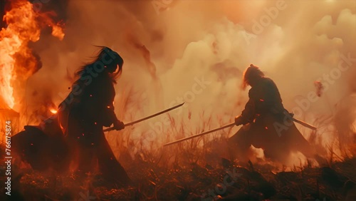 samurai in a field facing off each other in a distance, about to fight with one sword each, fighting pose and stance.generative ai