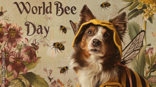 A charming dog dons a bee costume, complete with wings, celebrating World Bee Day against a vintage floral backdrop. photo