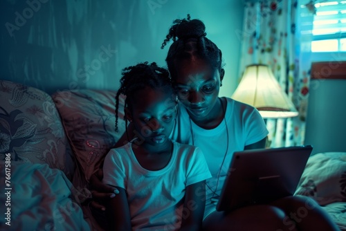 African american mother and daughter with tablet pc computer doing homework together at home, Generative AI