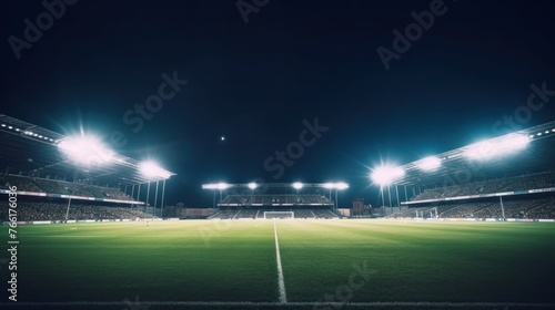 soccer stadium with illumination, green grass and night sky.