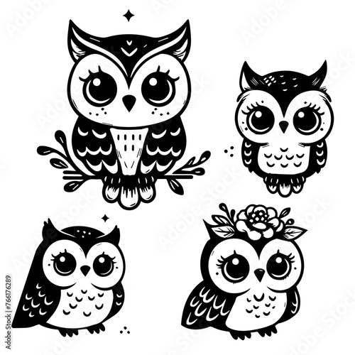 Set of owls on a branch, Cute owl vector illustrations (ID: 766176289)
