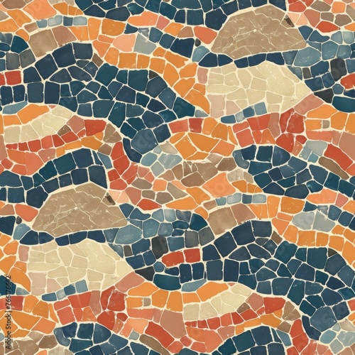 A warm and rustic seamless mosaic pattern, featuring small geometric tiles in earthy tones of blue, red, and orange.
