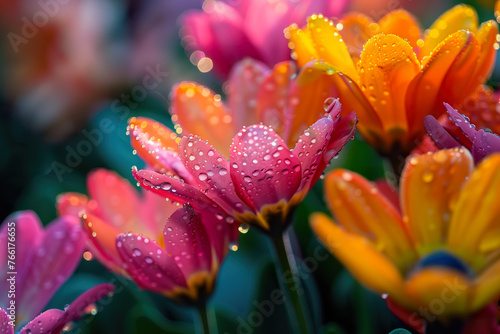 Vibrant tulips with dewdrops close-up. .