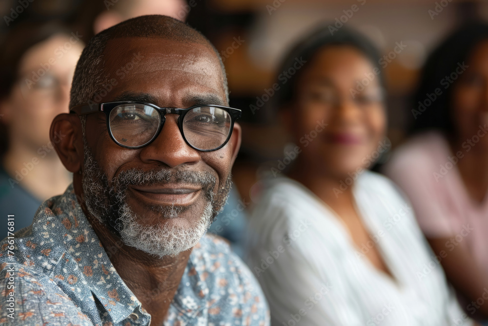A man with glasses is smiling. He is surrounded by other people. Group therapy and support. The focus is on a middle aged African American man. A group of people around support him. He is happy - obrazy, fototapety, plakaty 