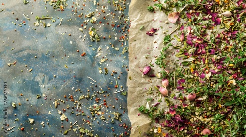 Dried petals and various herbs are strewn across a textured surface, half illuminated, half shadowed, creating an artful contrast and highlighting the herbs' vibrant colors.