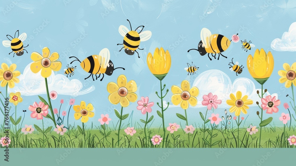 A playful illustration of bees and flowers under a clear blue sky, evoking the joyful essence of a spring day.