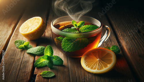 close-up image of tea with mint leaves and lemon on a wooden table photo